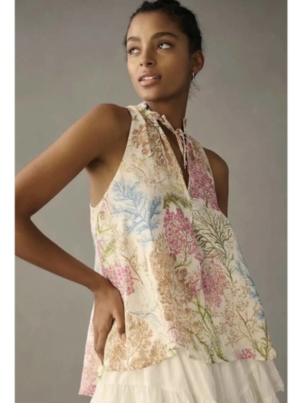 Anthropologie Pilcro The Tavi Tank XS 100% Linen Floral Motif Top Tie Neck EUC